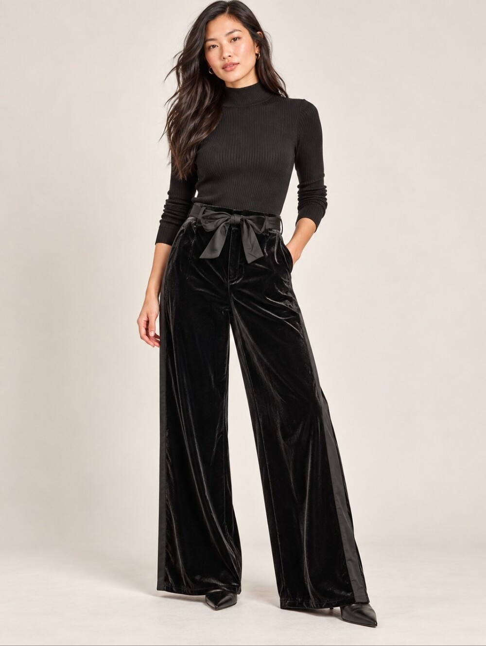 ❤️ KARL LAGERFELD VELVET HIGH RISE WIDE LEG PANTS WITH CREPE SIDE STRIPE, 4 (27)